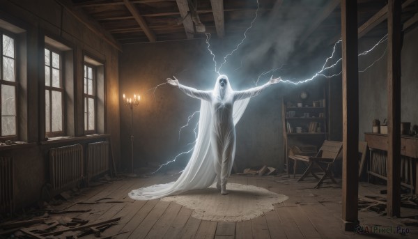 solo,1boy,standing,male focus,indoors,hood,arms up,book,no humans,window,chair,table,cloak,desk,hood up,robe,wooden floor,electricity,lamp,lightning,wooden chair,1girl,long hair,breasts,dress,medium breasts,very long hair,white hair,cloud,colored skin,outstretched arms,scenery,bookshelf,absurdly long hair,candle,shelf,carpet,cabinet,grey theme