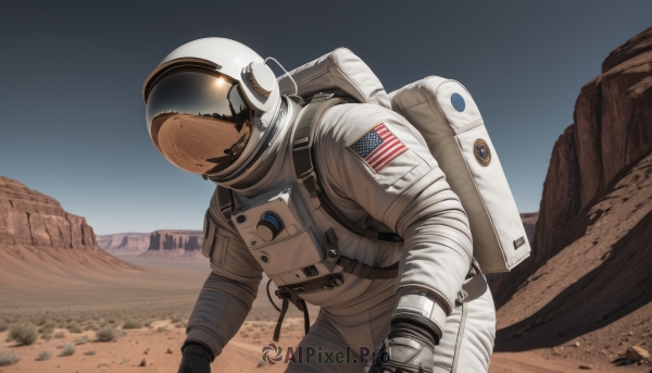 solo,1boy,weapon,outdoors,bag,armor,military,no humans,backpack,helmet,1other,science fiction,realistic,ambiguous gender,american flag,spacesuit,desert,dust,japanese flag,space helmet,astronaut,gloves,male focus,sky,day,from side,blue sky,rock,united states