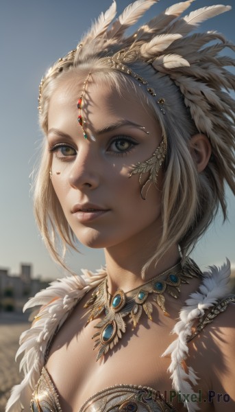 1girl,solo,breasts,looking at viewer,short hair,hair ornament,cleavage,brown eyes,jewelry,upper body,white hair,small breasts,outdoors,parted lips,sky,day,necklace,blurry,lips,eyelashes,blurry background,feathers,gem,portrait,circlet,realistic,nose,headdress,feather hair ornament,blonde hair,medium breasts,yellow eyes,facial mark,tribal