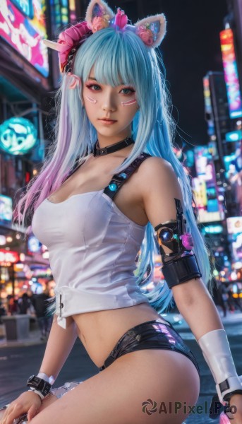 1girl,solo,long hair,breasts,looking at viewer,smile,bangs,blue eyes,hair ornament,navel,animal ears,cleavage,bare shoulders,medium breasts,sitting,closed mouth,blue hair,pink hair,thighs,multicolored hair,outdoors,shorts,choker,midriff,blurry,collar,two-tone hair,lips,crop top,animal ear fluff,fox ears,short shorts,gradient hair,makeup,blurry background,facial mark,black shorts,tank top,ground vehicle,wristband,city,realistic,light blue hair,cyberpunk,shirt,parted lips,shiny,artist name,shiny skin,night,fake animal ears,watermark,web address,white tank top,neon lights