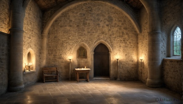 HQ,day,indoors,signature,no humans,window,chair,table,sunlight,scenery,light rays,stairs,door,light,candle,pillar,church,arch,candlestand,column,fire,wooden floor,lamp,tile floor,chandelier,stone floor,fireplace,wooden chair