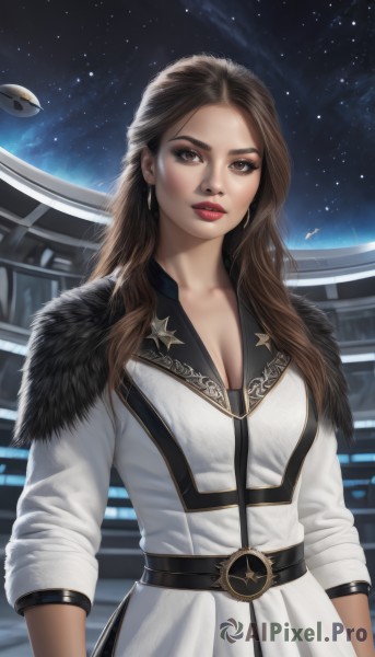 1girl,solo,long hair,breasts,looking at viewer,brown hair,dress,cleavage,brown eyes,jewelry,medium breasts,upper body,earrings,sky,belt,lips,coat,fur trim,makeup,night,lipstick,star (sky),night sky,eyeshadow,starry sky,hoop earrings,realistic,nose,white coat,red lips,space,spacecraft,large breasts,artist name,white dress,forehead,black belt