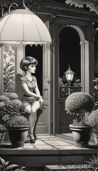 1girl,solo,breasts,smile,short hair,bangs,dress,sitting,collarbone,monochrome,full body,flower,short sleeves,greyscale,shoes,indoors,blunt bangs,high heels,window,chair,looking away,bob cut,own hands together,plant,lantern,door,potted plant,lamp,tile floor,arch,pavement,jewelry,shorts,artist name,necklace,lips,makeup,umbrella,lipstick