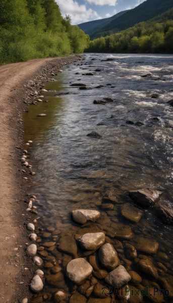 outdoors,sky,day,cloud,water,tree,blue sky,no humans,cloudy sky,grass,nature,scenery,forest,rock,mountain,river,landscape,stream,ocean