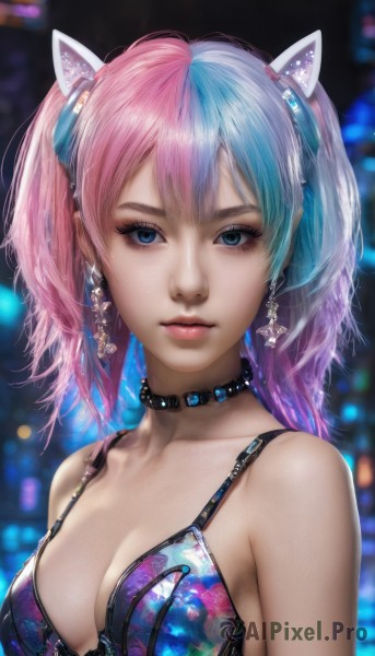 1girl,solo,long hair,breasts,looking at viewer,bangs,blue eyes,hair ornament,animal ears,cleavage,bare shoulders,twintails,jewelry,medium breasts,closed mouth,underwear,blue hair,collarbone,swimsuit,upper body,pink hair,bikini,multicolored hair,earrings,choker,shiny,artist name,cat ears,bra,blurry,collar,two-tone hair,lips,eyelashes,aqua hair,makeup,depth of field,blurry background,fake animal ears,watermark,spikes,eyeshadow,pink lips,realistic,nose,mascara,parted lips,signature,expressionless,gem