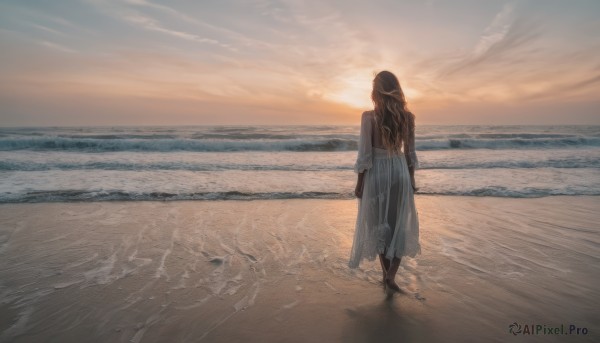 1girl, solo, long hair, skirt, brown hair, long sleeves, dress, standing, outdoors, sky, cloud, water, from behind, see-through, dutch angle, ocean, beach, scenery, sunset, sand, horizon, waves