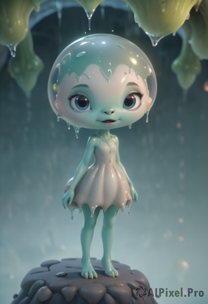 1girl,solo,looking at viewer,smile,blue eyes,dress,standing,full body,barefoot,teeth,blurry,lips,wet,eyelashes,sleeveless dress,blurry background,colored skin,leaf,monster girl,child,female child,green skin,dripping,slime (substance),open mouth,parted lips,necklace,rain,rock