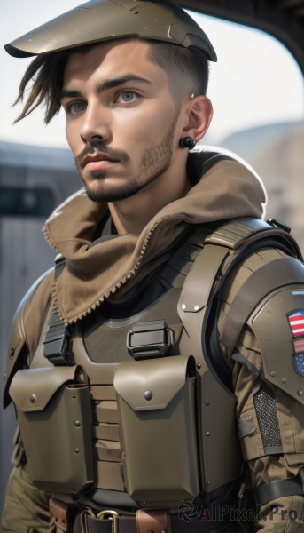 solo,looking at viewer,short hair,brown hair,black hair,1boy,hat,brown eyes,jewelry,jacket,upper body,male focus,earrings,parted lips,belt,armor,blurry,uniform,lips,military,military uniform,blurry background,facial hair,helmet,beard,realistic,stubble,stud earrings,camouflage,dirty,american flag,soldier,dirty face,bulletproof vest,blue eyes,closed mouth,hood,vest,brown jacket,serious,undercut,earpiece,walkie-talkie,bandolier