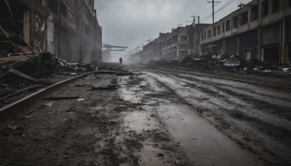 1girl,solo,outdoors,sky,day,cloud,cloudy sky,ground vehicle,building,scenery,motor vehicle,rain,city,sign,car,road,ruins,power lines,lamppost,street,utility pole,road sign,puddle,debris,grey sky,overcast,post-apocalypse,standing,no humans,1other,multiple others,ambiguous gender,very wide shot