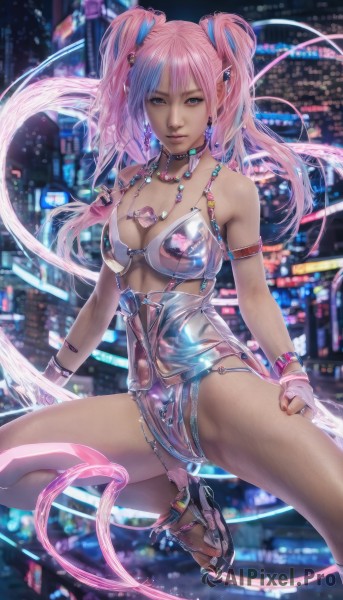 1girl,solo,long hair,breasts,looking at viewer,bangs,gloves,navel,cleavage,bare shoulders,twintails,jewelry,medium breasts,pink hair,multicolored hair,earrings,spread legs,fingerless gloves,pink eyes,necklace,blurry,high heels,leotard,lips,see-through,blurry background,realistic,blue eyes,hair ornament,swimsuit,bikini,outdoors,parted lips,choker,pointy ears,shiny,artist name,bracelet,shiny skin,night,watermark,piercing,ear piercing,armband,web address,city,city lights,cyberpunk