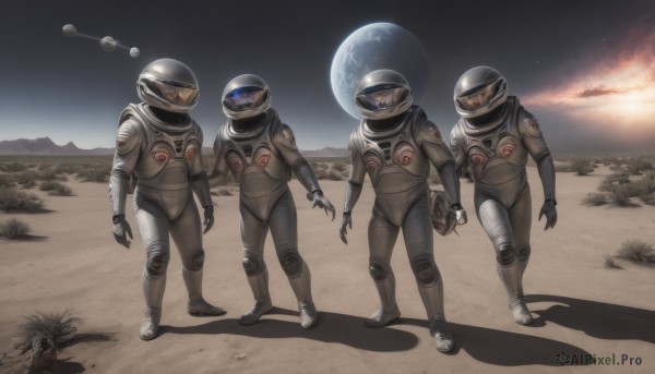 standing,male focus,multiple boys,sky,shadow,moon,helmet,star (sky),walking,science fiction,4boys,realistic,sun,space,planet,open hands,earth (planet),spacesuit,space helmet,astronaut,outdoors,no humans,robot,pilot suit,multiple others,alien,desert,bad end