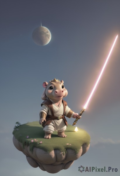 solo,1boy,holding,animal ears,standing,full body,weapon,flower,male focus,sky,belt,sword,artist name,signature,holding weapon,black eyes,no humans,glowing,holding sword,moon,grass,crown,furry,pink flower,rock,furry male,planet,glowing weapon,energy sword,tunic,lightsaber,looking at viewer,closed mouth,barefoot,brown fur