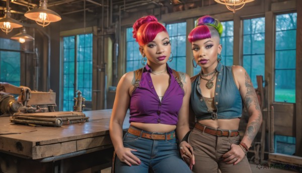 breasts,looking at viewer,short hair,bangs,multiple girls,navel,2girls,cleavage,brown eyes,jewelry,medium breasts,pink hair,purple hair,red hair,multicolored hair,earrings,sleeveless,midriff,belt,pants,indoors,dark skin,necklace,hair bun,nail polish,mole,vest,bracelet,two-tone hair,dark-skinned female,lips,crop top,fingernails,window,tattoo,makeup,siblings,piercing,table,single hair bun,denim,lipstick,sisters,red nails,buckle,pink nails,eyeshadow,jeans,hoop earrings,lantern,belt buckle,lamp,arm tattoo,undercut,hair pulled back,purple lips,mohawk,green hair,chair,ring,ear piercing,zipper,realistic,camera,navel piercing