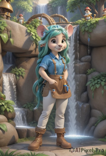 1girl,solo,long hair,looking at viewer,smile,bangs,shirt,animal ears,brown eyes,very long hair,closed mouth,standing,full body,braid,short sleeves,boots,outdoors,green hair,day,pointy ears,collared shirt,belt,pants,artist name,signature,water,black eyes,apron,tree,aqua hair,buttons,bird,watermark,brown footwear,sunlight,suspenders,grass,blue shirt,nature,furry,forest,pocket,white pants,mouse ears,hands in pockets,furry female,overalls,breast pocket,mushroom,waterfall,hair ornament,hat,tail,flower,teeth,animal ear fluff,animal,leaf,web address,antlers,mouse tail,mouse,deer ears