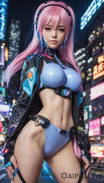 1girl,solo,long hair,breasts,looking at viewer,blue eyes,gloves,navel,twintails,medium breasts,closed mouth,underwear,standing,purple eyes,panties,jacket,swimsuit,pink hair,cowboy shot,outdoors,midriff,fingerless gloves,nail polish,blurry,lips,black jacket,thigh strap,night,blurry background,headphones,ass visible through thighs,skin tight,blue nails,science fiction,contrapposto,impossible clothes,blue panties,city,realistic,cyberpunk,large breasts,thighs,open clothes,open jacket,zipper,leather,leather jacket,city lights,neon lights