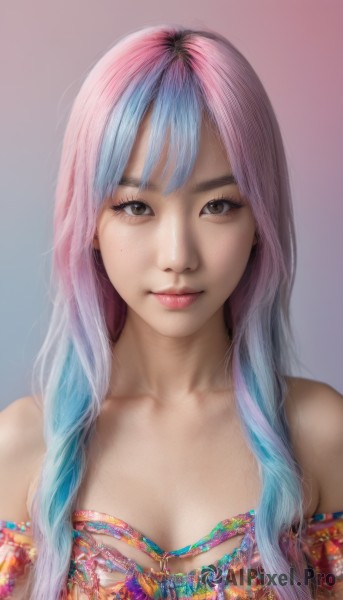 1girl,solo,long hair,breasts,looking at viewer,smile,bangs,simple background,cleavage,bare shoulders,brown eyes,medium breasts,closed mouth,blue hair,collarbone,upper body,pink hair,multicolored hair,two-tone hair,lips,gradient,gradient background,eyelashes,gradient hair,makeup,freckles,realistic,jewelry,necklace,mole,pink background