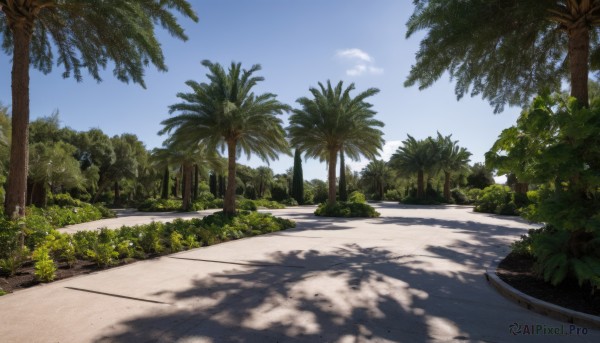 outdoors,sky,day,cloud,tree,blue sky,no humans,shadow,beach,sunlight,grass,plant,nature,scenery,palm tree,road,bush,shade,summer,dappled sunlight,path,tree shade,forest