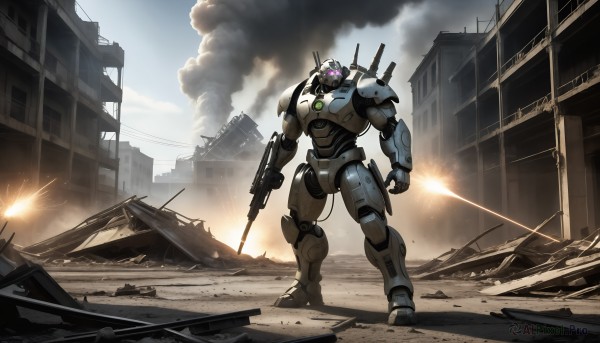 HQ,solo,holding,standing,purple eyes,weapon,outdoors,sky,cloud,holding weapon,gun,no humans,glowing,robot,building,clenched hand,holding gun,mecha,smoke,science fiction,city,realistic,explosion,ruins,damaged,firing,debris,dust,rubble,radio antenna,cloudy sky