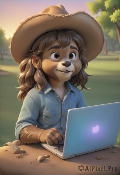 1girl,solo,long hair,smile,open mouth,bangs,brown hair,shirt,1boy,hat,animal ears,brown eyes,upper body,male focus,outdoors,parted lips,teeth,day,collared shirt,artist name,signature,blurry,tree,buttons,blurry background,watermark,thick eyebrows,grass,blue shirt,furry,sleeves rolled up,pocket,sunset,animal hands,furry female,brown headwear,straw hat,breast pocket,furry male,computer,body fur,animal nose,laptop,cowboy hat,snout,brown fur,gloves,medium hair,web address,freckles,nose,shell