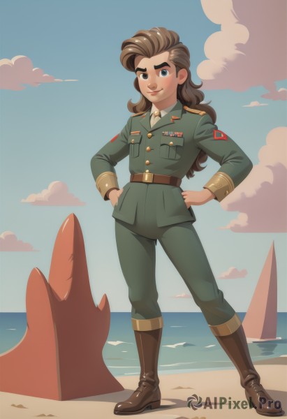 1girl,solo,long hair,looking at viewer,smile,blue eyes,brown hair,shirt,long sleeves,closed mouth,standing,jacket,full body,white shirt,boots,outdoors,necktie,sky,day,collared shirt,belt,pants,cloud,water,uniform,blue sky,lips,military,military uniform,ocean,beach,brown footwear,thick eyebrows,cloudy sky,pocket,hands on hips,belt buckle,green jacket,sand,horizon,brown belt,breast pocket,military jacket,green pants,signature,no humans,buttons,shadow,watermark,knee boots,silhouette