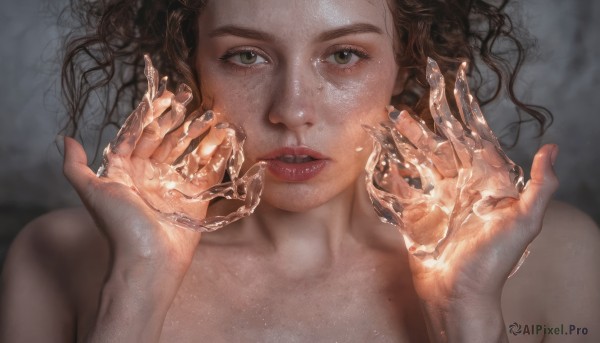 1girl,solo,looking at viewer,brown hair,brown eyes,green eyes,collarbone,upper body,nude,parted lips,teeth,lips,hands up,portrait,freckles,curly hair,realistic,nose,long hair,holding,bare shoulders,lying,water,nail polish,fingernails,eyelashes,makeup,close-up,red lips