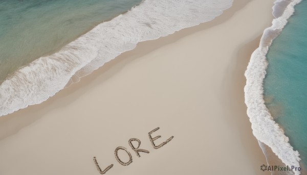 solo,outdoors,water,english text,no humans,ocean,beach,sand,waves,shore,desert,simple background,white background,food,rice,food focus,still life