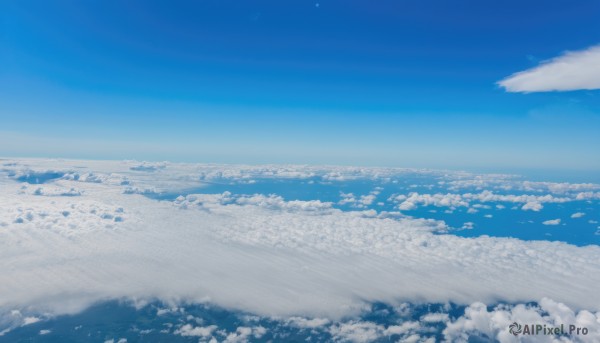 monochrome,outdoors,sky,day,cloud,blue sky,no humans,ocean,cloudy sky,nature,scenery,blue theme,horizon,landscape,above clouds