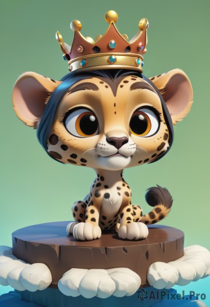 solo,looking at viewer,simple background,brown eyes,sitting,closed mouth,tail,full body,artist name,gradient,gradient background,no humans,animal,blue background,crown,freckles,green background,rock,animal focus,watermark,furry,lion,faux figurine