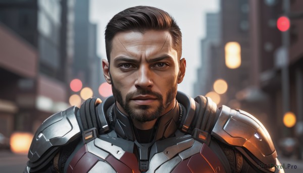 solo,looking at viewer,short hair,brown hair,black hair,1boy,brown eyes,closed mouth,upper body,male focus,outdoors,armor,blurry,black eyes,depth of field,blurry background,facial hair,scar,building,portrait,beard,scar on face,science fiction,city,realistic,stubble,undercut,cyborg,hair slicked back,cyberpunk,lips,lens flare,serious,mustache,pilot suit,power armor