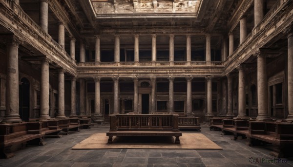 indoors,no humans,window,sunlight,scenery,light rays,stairs,railing,architecture,pillar,arch,column,day,tiles,tile floor,ruins,reflective floor