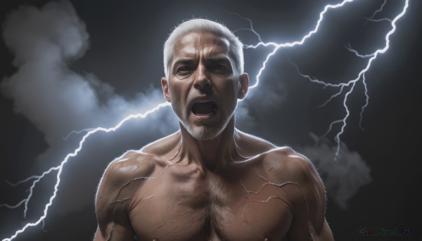 solo,looking at viewer,short hair,open mouth,1boy,upper body,white hair,grey hair,male focus,nude,sky,teeth,cloud,muscular,facial hair,scar,cloudy sky,pectorals,muscular male,bara,beard,veins,topless male,mature male,realistic,manly,old,chest hair,old man,lightning,wrinkled skin,brown eyes,nipples,thick eyebrows,scar on face,large pectorals,electricity