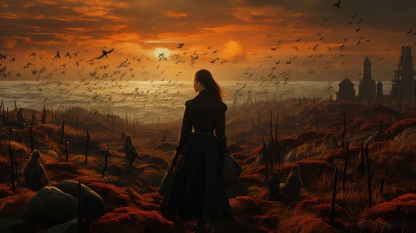 1girl,solo,long hair,skirt,standing,weapon,outdoors,sky,sword,cloud,from behind,bird,cloudy sky,scenery,sunset,sun,field,planted,castle,orange sky,flock,brown hair,black hair,bag,animal,grass,wind,building,rock,city,ruins,crow