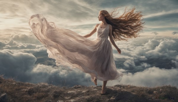 1girl, solo, long hair, brown hair, dress, outdoors, sky, barefoot, pointy ears, cloud, white dress, cloudy sky, wind, scenery