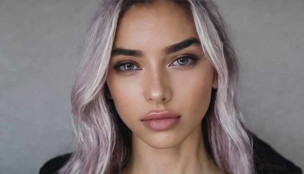 1girl,solo,long hair,looking at viewer,blue eyes,simple background,closed mouth,white hair,multicolored hair,parted lips,grey background,two-tone hair,lips,grey eyes,eyelashes,thick eyebrows,portrait,close-up,realistic,nose,grey hair,wavy hair