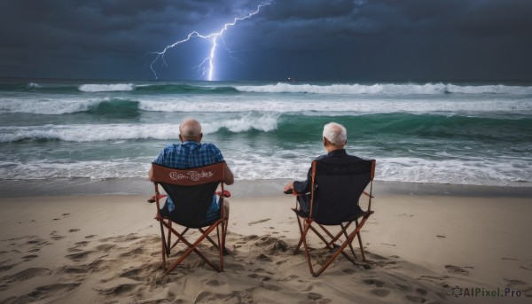 short hair,shirt,long sleeves,hat,sitting,jacket,white hair,male focus,outdoors,multiple boys,sky,pants,cloud,2boys,water,from behind,plaid,facial hair,ocean,chair,beach,cloudy sky,blue shirt,blue jacket,scenery,beard,sand,horizon,facing away,bald,plaid shirt,waves,lightning,shore,black jacket,night,parody,sunglasses,dark-skinned male,old,old man