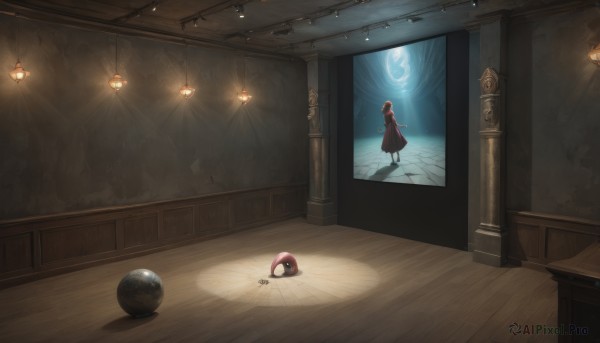 1girl,solo,long hair,brown hair,black hair,dress,standing,indoors,hood,shadow,red dress,table,scenery,cloak,wooden floor,door,light,lamp,dark,wide shot,planet,orb,hallway,short hair,red hair,signature,capelet,1other,ball,hood up,robe,light rays,fantasy,pillar,hooded capelet,ceiling,light bulb,ceiling light,hooded robe