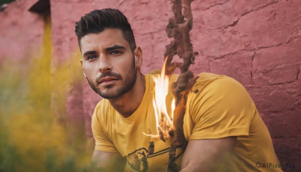 solo,looking at viewer,short hair,shirt,black hair,1boy,upper body,short sleeves,male focus,outdoors,parted lips,blurry,tree,muscular,facial hair,fire,t-shirt,beard,yellow shirt,mature male,realistic,brown hair,closed mouth,muscular male,cherry blossoms,bara,meme,branch