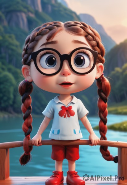 1girl,solo,long hair,looking at viewer,smile,open mouth,blue eyes,brown hair,shirt,bow,twintails,very long hair,standing,full body,white shirt,braid,short sleeves,red hair,multicolored hair,outdoors,parted lips,shoes,glasses,shorts,day,collared shirt,artist name,bowtie,water,blurry,black eyes,red bow,twin braids,two-tone hair,lips,gradient hair,blurry background,aged down,red footwear,red bowtie,child,black-framed eyewear,pocket,railing,red lips,female child,red shorts,bridge,river,lake,chibi,thick eyebrows,mountain