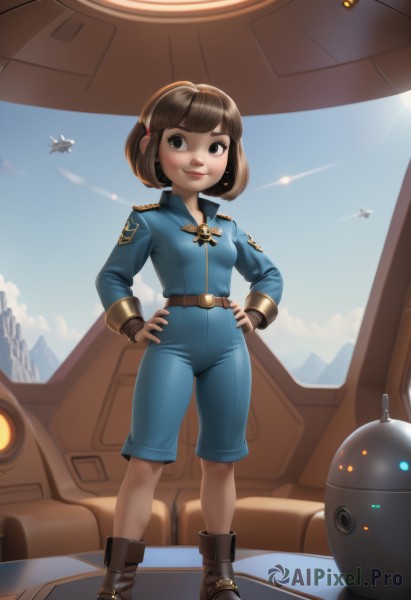 1girl,solo,breasts,looking at viewer,smile,short hair,brown hair,gloves,long sleeves,brown eyes,jewelry,closed mouth,standing,full body,earrings,small breasts,boots,sky,day,belt,cloud,signature,fingerless gloves,uniform,blue sky,lips,military,brown footwear,robot,science fiction,hands on hips,aircraft,nose,ankle boots,airplane,jumpsuit,spacecraft,airship,bangs,shorts,looking to the side,military uniform,watermark,mecha,web address