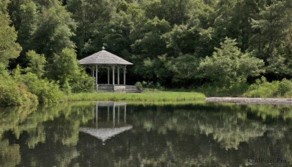 outdoors,day,water,tree,no humans,traditional media,grass,building,nature,scenery,forest,reflection,road,bush,house,river,reflective water