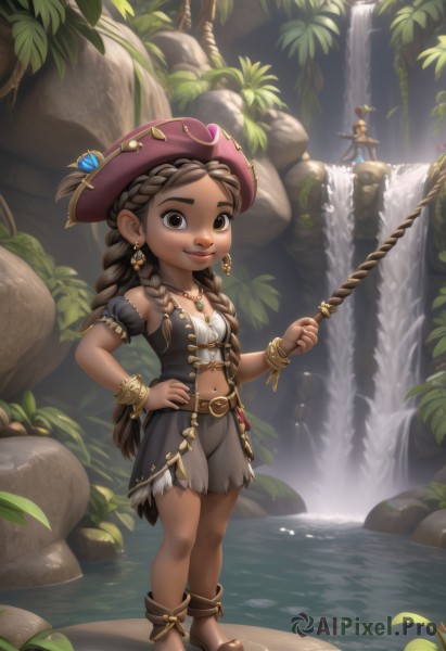 1girl,solo,long hair,breasts,looking at viewer,smile,brown hair,1boy,hat,navel,holding,bare shoulders,brown eyes,jewelry,standing,full body,weapon,braid,earrings,small breasts,outdoors,detached sleeves,barefoot,midriff,belt,dark skin,water,necklace,twin braids,bracelet,dark-skinned female,lips,hand on hip,leaf,sandals,plant,staff,rock,anklet,hat feather,river,waterfall,pirate hat,tribal,skirt,short sleeves,shorts,solo focus,puffy sleeves,artist name,signature,puffy short sleeves,nature,fishing rod,cliff