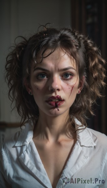 1girl,solo,long hair,breasts,looking at viewer,blue eyes,brown hair,shirt,black hair,cleavage,jewelry,collarbone,white shirt,upper body,earrings,parted lips,teeth,tongue,collared shirt,indoors,tongue out,medium hair,blurry,lips,blood,blurry background,piercing,messy hair,ear piercing,freckles,pocket,blood on face,realistic,nose,stud earrings,breast pocket,nosebleed,horror (theme),tongue piercing,nose piercing,lip piercing,eyebrow piercing,mouth hold,portrait