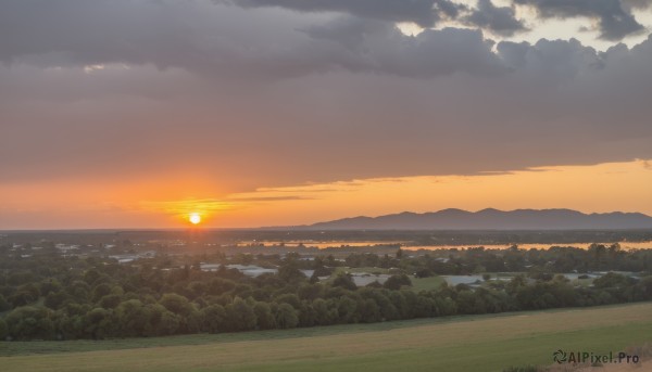 outdoors,sky,cloud,tree,no humans,sunlight,cloudy sky,grass,building,nature,scenery,forest,sunset,mountain,sun,horizon,road,field,river,landscape,mountainous horizon,orange sky,hill,ocean,city,cityscape