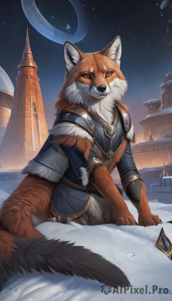 solo,looking at viewer,smile,1boy,animal ears,brown eyes,jewelry,closed mouth,tail,yellow eyes,male focus,outdoors,sky,artist name,cape,armor,fur trim,capelet,night,animal,moon,feathers,building,gem,star (sky),night sky,furry,snow,starry sky,breastplate,snowing,fantasy,vambraces,furry male,body fur,white fur,winter,castle,wolf,black fur,orange fur,sitting,necklace,no humans,animal focus