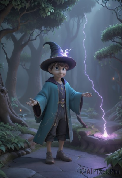 solo,looking at viewer,smile,brown hair,black hair,1boy,hat,standing,full body,male focus,outdoors,shoes,pants,artist name,wide sleeves,black eyes,tree,witch hat,night,glowing,grass,plant,child,nature,forest,fantasy,magic,male child,wizard,robe,mushroom,lightning