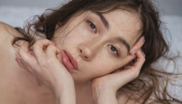 1girl,solo,long hair,looking at viewer,brown hair,black hair,brown eyes,closed mouth,lying,on back,blurry,black eyes,lips,fingernails,messy hair,portrait,close-up,hand on own face,freckles,realistic,nose,parted lips,bed sheet,on side,head rest,hands on own face