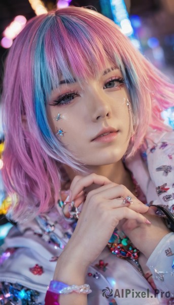 1girl,solo,looking at viewer,short hair,bangs,blue eyes,shirt,long sleeves,jewelry,blue hair,upper body,pink hair,multicolored hair,parted lips,medium hair,necklace,star (symbol),blurry,black eyes,bracelet,two-tone hair,lips,streaked hair,grey eyes,hands up,eyelashes,makeup,depth of field,blurry background,facial mark,ring,own hands together,portrait,eyeshadow,realistic,nose,mascara,teeth,artist name,nail polish,fingernails,watermark,bug,pink nails,pink lips,bokeh