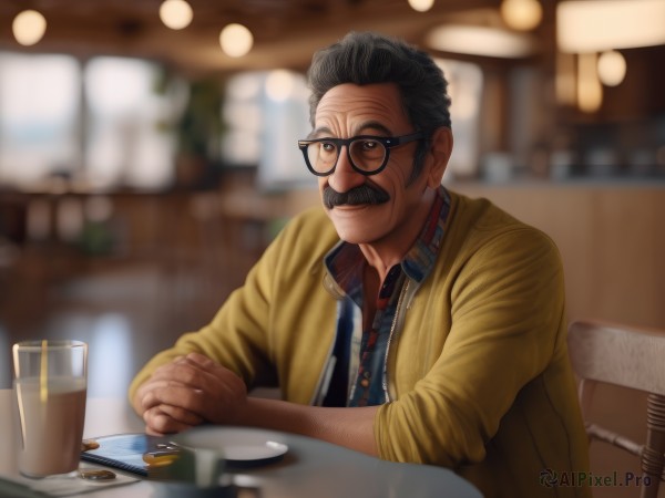 solo,shirt,black hair,1boy,brown eyes,sitting,closed mouth,jacket,upper body,grey hair,male focus,open clothes,necktie,glasses,collared shirt,indoors,blurry,black eyes,cup,blurry background,facial hair,chair,table,beard,plate,drinking glass,black-framed eyewear,mustache,old,restaurant,looking at viewer,open jacket,depth of field,alcohol,sleeves rolled up,mug,glass,yellow jacket,beer,old man,arm hair,wooden table