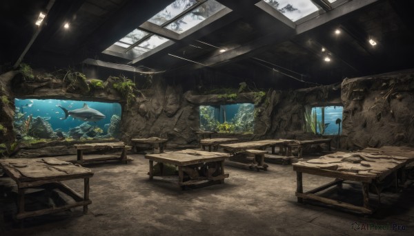 day,indoors,water,tree,no humans,window,chair,table,plant,scenery,fish,underwater,bench,ruins,whale,ceiling light,dolphin,overgrown