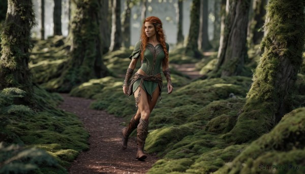 1girl,solo,long hair,breasts,looking at viewer,brown hair,cleavage,brown eyes,medium breasts,closed mouth,standing,braid,boots,outdoors,barefoot,day,belt,orange hair,armor,blurry,tree,lips,depth of field,blurry background,bandages,sandals,sunlight,elf,shoulder armor,nature,forest,walking,running,realistic,road,bracer,path,ankle wrap,dirty feet,blue eyes,red hair,pointy ears,water,plant